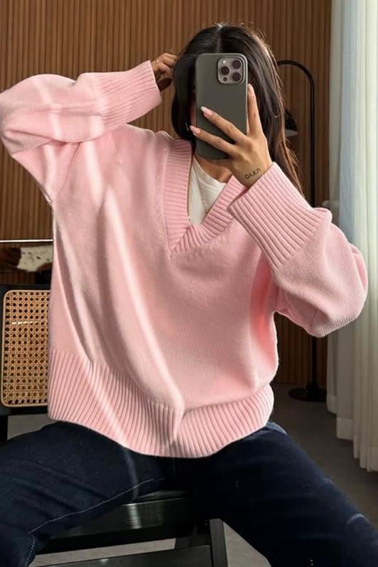 MDX Pink V-Neck Oversized Women's Sweater MG2149 - Citrus Heights