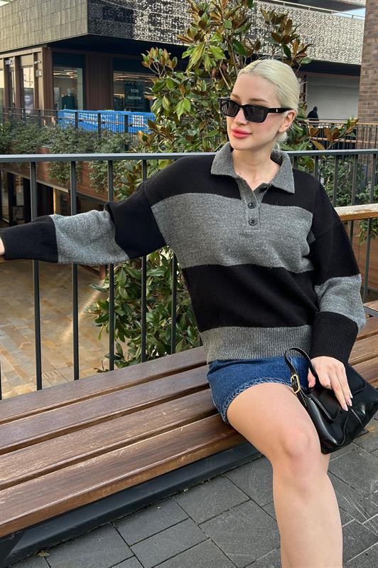 MDX Anthracite Buttoned Polo Neck Striped Women's Sweater Mg2286 - Merano
