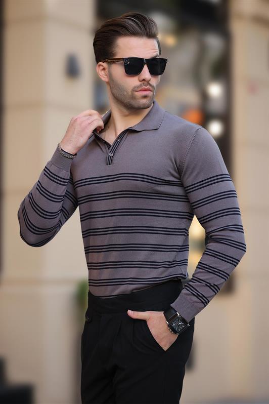 MDX Gray Buttoned Polo Collar Striped Long Sleeve Sweater 7270 - Palm Beach Gardens