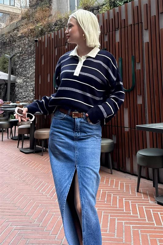 MDX Lacivert Çizgili Polo Yaka Kadın Kazak Mg2476 - Ixtapaluca