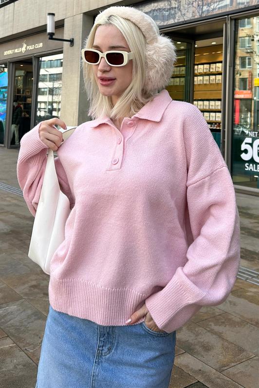 MDX Pink Buttoned Polo Neck Women's Sweater Mg2307 - Greece
