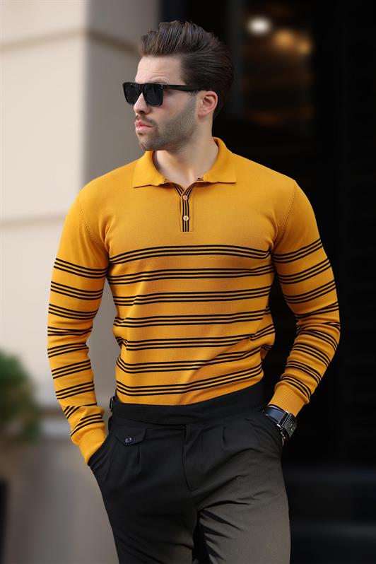 MDX Mustard Buttoned Polo Neck Striped Long Sleeve Sweater 7270 - Kryvyi Rih