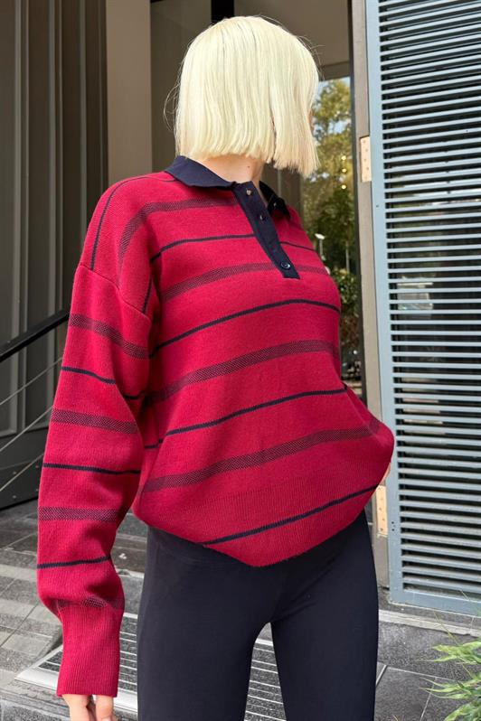 MDX Bordo Çizgili Polo Yaka Kadın Kazak Mg2476 - Swindon