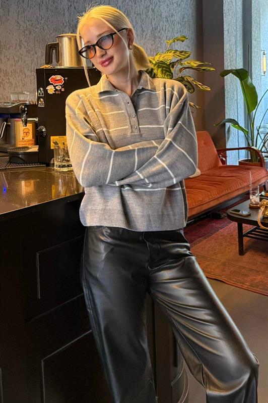 MDX Gri Çizgili Polo Yaka Kadın Triko Kazak MG2470 - Tuttlingen