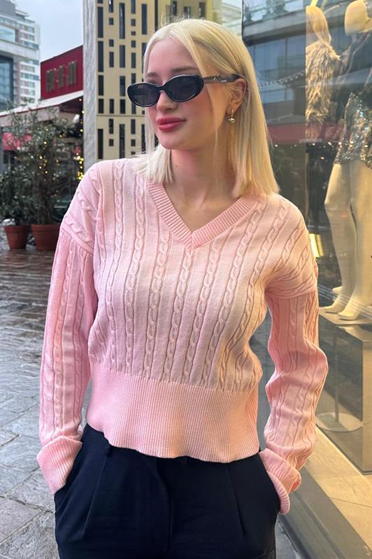 MDX Pink V Neck Braided Knit Women's Sweater MG2258 - Korschenbroich