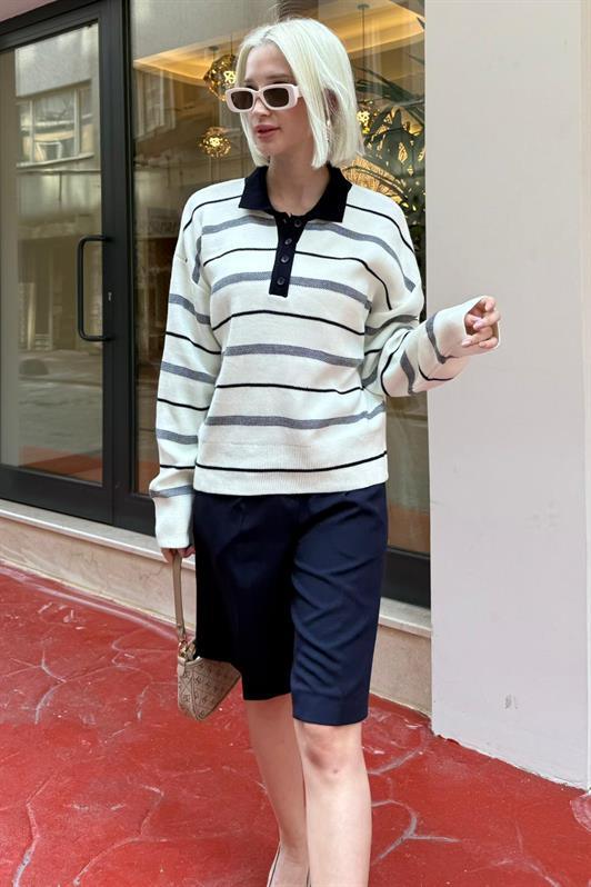 MDX Kemik Rengi Çizgili Polo Yaka Kadın Kazak Mg2476 - Atascocita