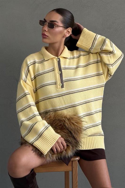 MDX Madmext Yellow Striped Buttoned Polo Neck Sweater Mg2357 - Manacor