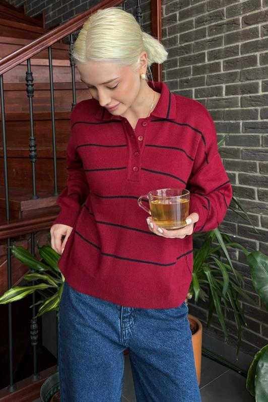 MDX Bordo Çizgili Polo Yaka Kadın Triko Kazak MG2470 - Apan