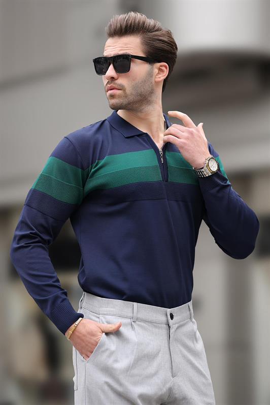 MDX Navy Blue Zippered Polo Collar Striped Long Sleeve Sweater E7288 - Peterborough