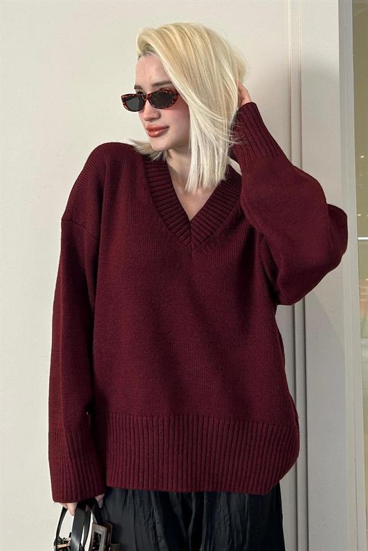 MDX Koyu Bordo V Yaka Oversize Kadın Triko Kazak MG2149 - Royal Palm Beach