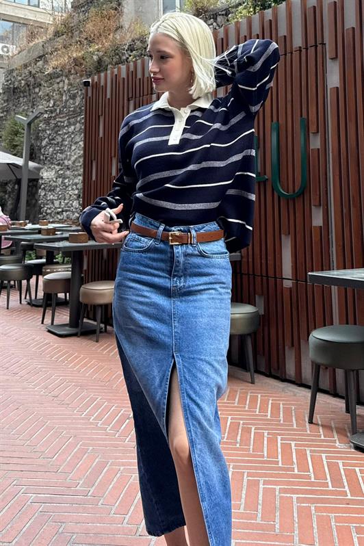 MDX Lacivert Çizgili Polo Yaka Kadın Kazak Mg2476 - Ixtapaluca