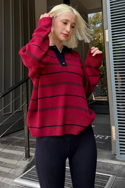 MDX Bordo Çizgili Polo Yaka Kadın Kazak Mg2476 - Swindon