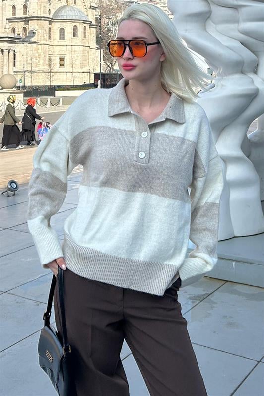 MDX Beige Buttoned Polo Neck Striped Women's Sweater Mg2286 - Cincinnati
