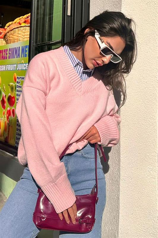 MDX Pink V-Neck Oversized Women's Sweater MG2149 - Citrus Heights