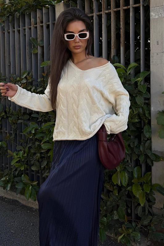 MDX Ekru V Yaka Örgü Desen Oversize Kadın Kazak Mg2519 - Country Club