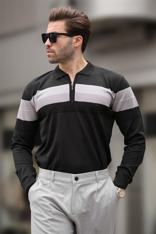 MDX Black Zippered Polo Collar Striped Long Sleeve Sweater E7288 - Tallinn