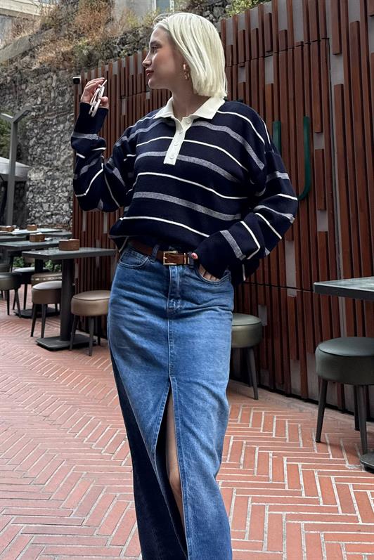 MDX Lacivert Çizgili Polo Yaka Kadın Kazak Mg2476 - Ixtapaluca