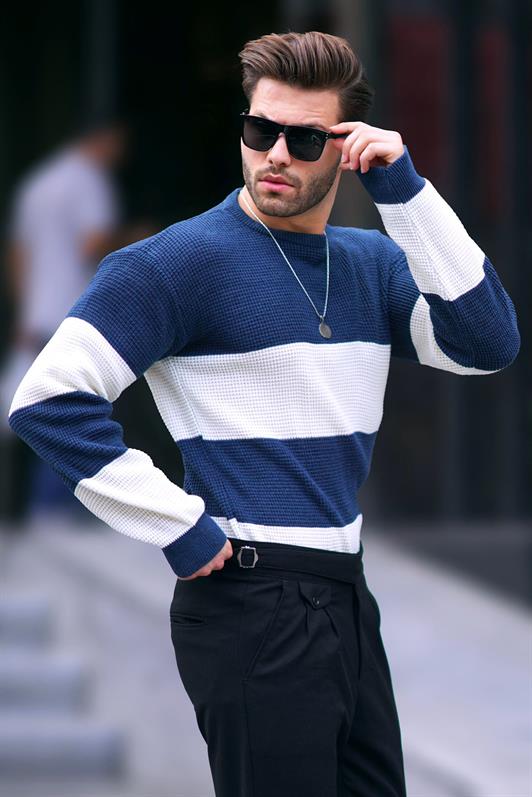 MDX Indigo Bicycle Collar Color Block Long Sleeve Knit Sweater 7236 - Derry