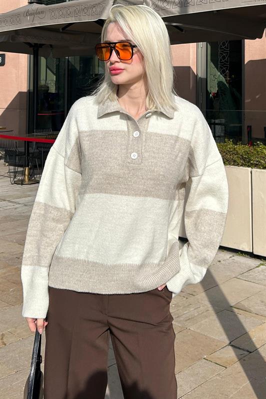 MDX Beige Buttoned Polo Neck Striped Women's Sweater Mg2286 - Cincinnati