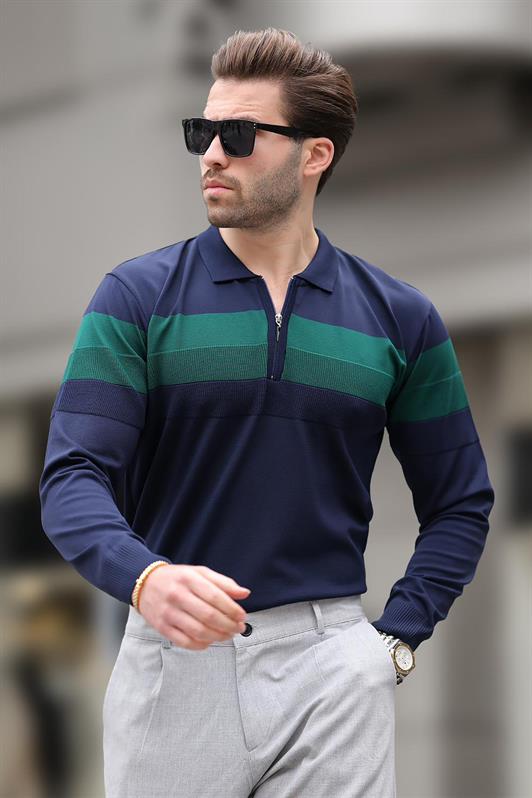 MDX Navy Blue Zippered Polo Collar Striped Long Sleeve Sweater E7288 - Peterborough