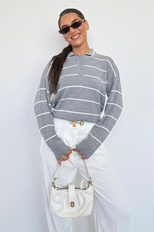MDX Gri Çizgili Polo Yaka Kadın Triko Kazak MG2470 - Tuttlingen