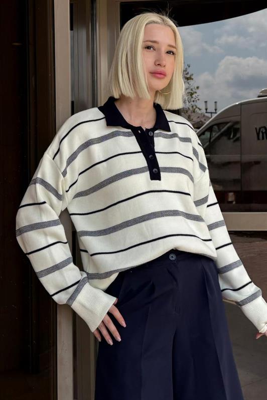 MDX Kemik Rengi Çizgili Polo Yaka Kadın Kazak Mg2476 - Atascocita