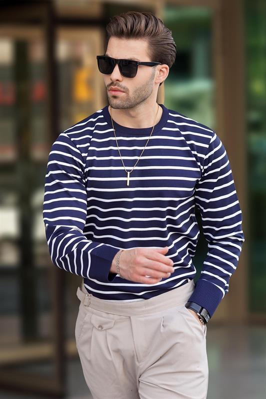 MDX Navy Blue Striped Sweater with Bicycle Neckline 7241 - Kempen