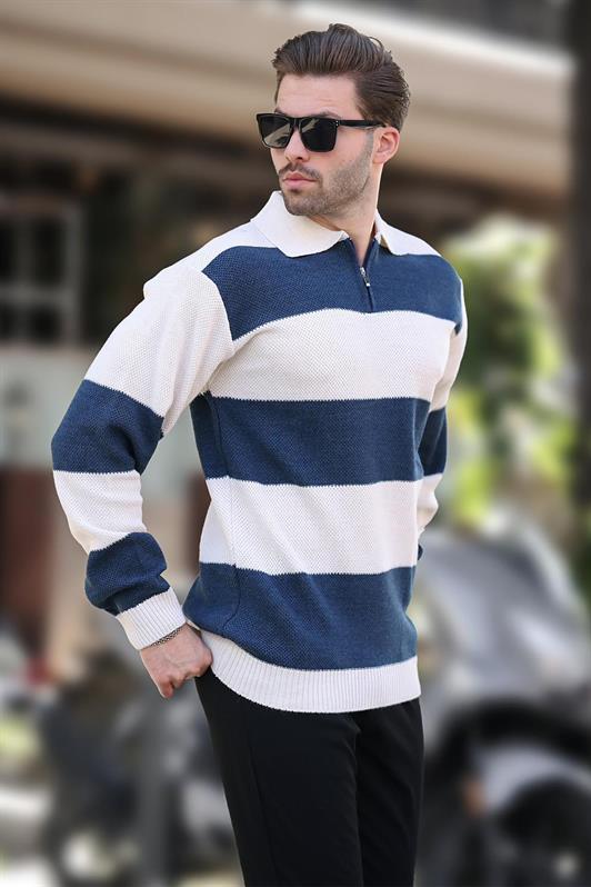 MDX Beige Zip Neck Color Block Long Sleeve Sweater 7280 - Zweibrücken