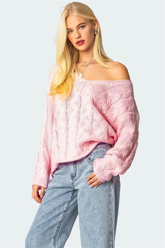 MDX Pembe V Yaka Örgü Desen Oversize Kadın Kazak Mg2519 - Brasschaat