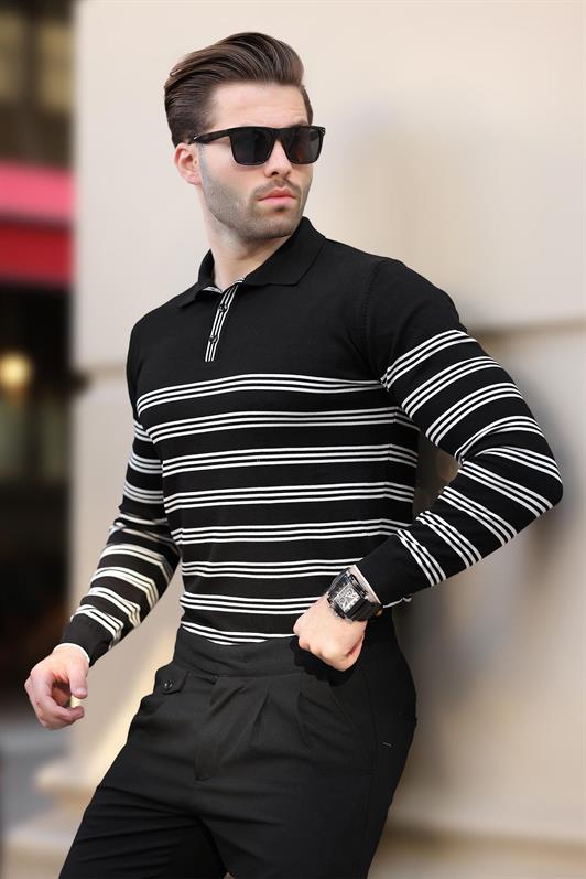 MDX Black Buttoned Polo Collar Striped Long Sleeve Sweater 7270 - Lleida