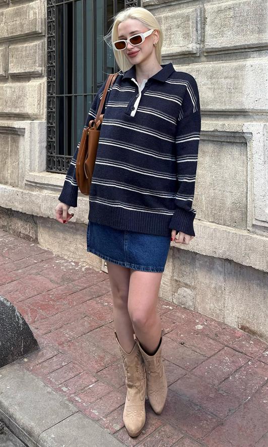 MDX Madmext Navy Striped Buttoned Polo Neck Sweater Mg2357 - Hardenberg