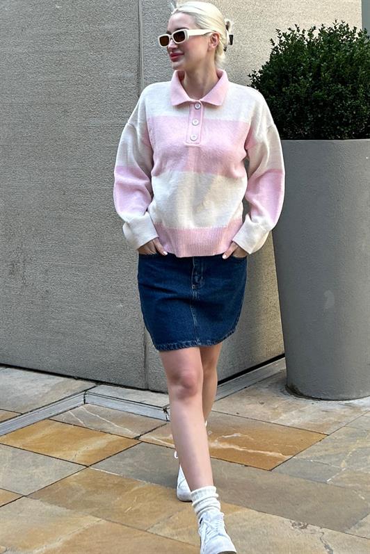 MDX Pink Buttoned Polo Neck Striped Women's Sweater Mg2286 - The Villages