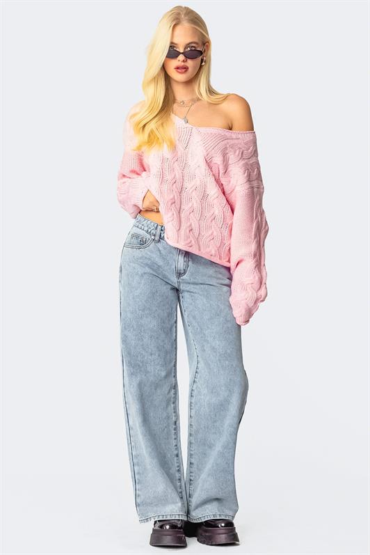 MDX Pembe V Yaka Örgü Desen Oversize Kadın Kazak Mg2519 - Brasschaat