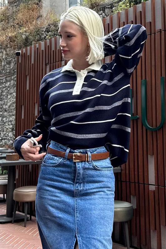 MDX Navy Striped Polo Neck Women's Sweater Mg2476 - Dubno