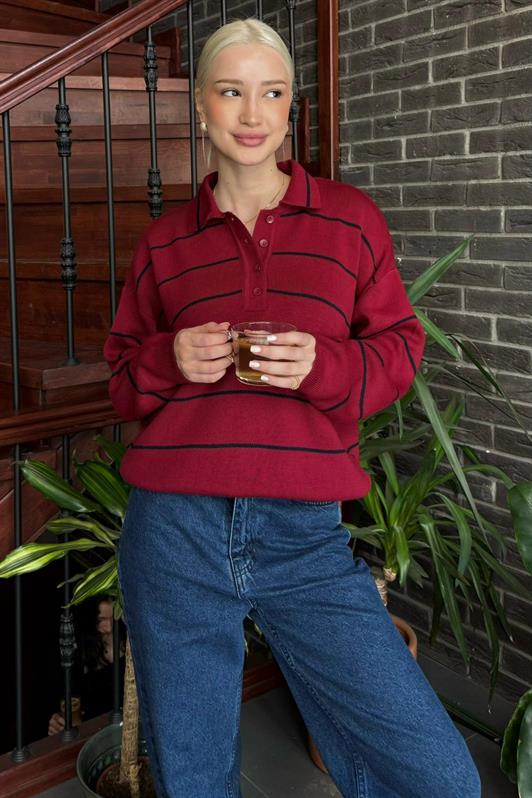 MDX Bordo Çizgili Polo Yaka Kadın Triko Kazak MG2470 - Apan