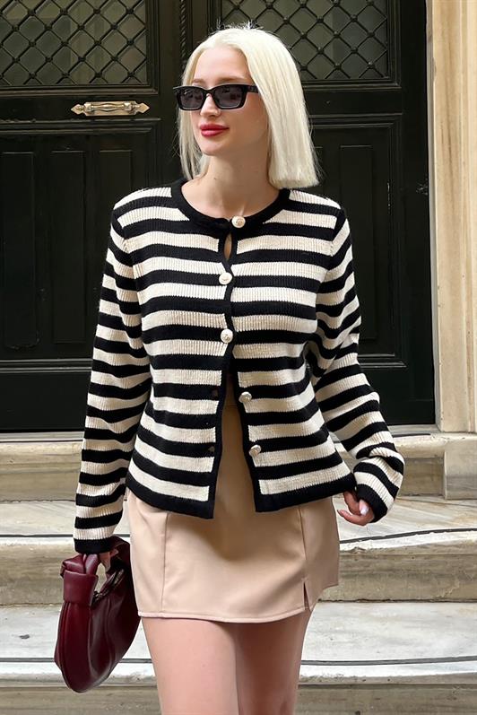 MDX Black Striped Bicycle Neck Gold Button Detailed Cotton Cardigan MG1605 - Washington