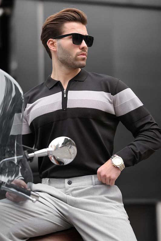 MDX Black Zippered Polo Collar Striped Long Sleeve Sweater E7288 - Tallinn