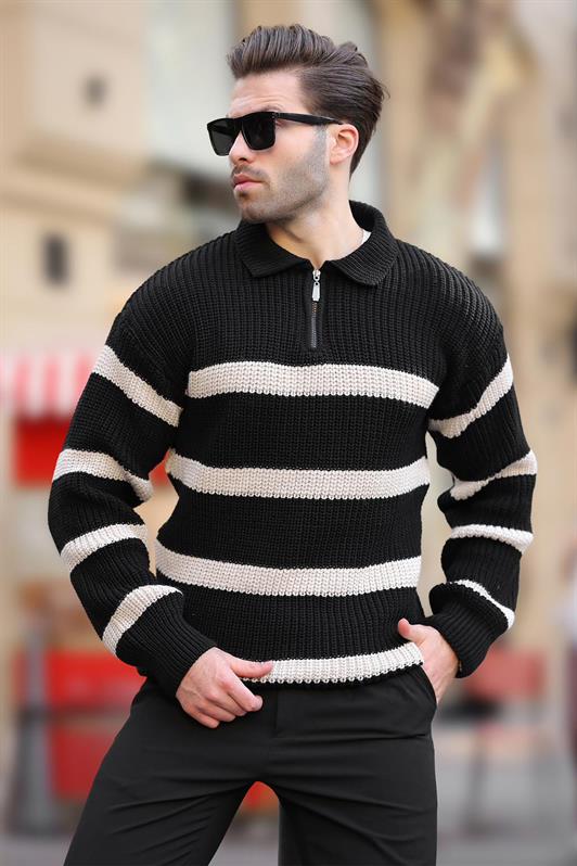 MDX Black Zippered Polo Collar Striped Long Sleeve Sweater 7283 - The Colony