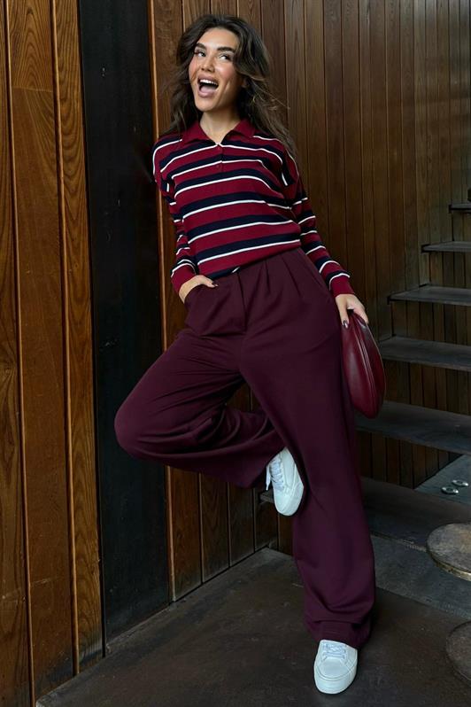 MDX Burgundy Striped Polo Neck Buttoned Women's Sweater MG2561 - Brindisi