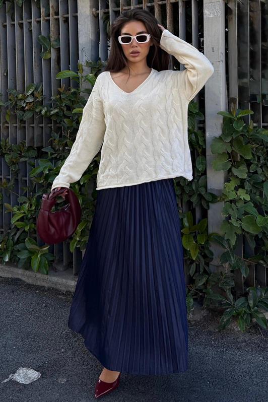 MDX Ekru V Yaka Örgü Desen Oversize Kadın Kazak Mg2519 - Country Club