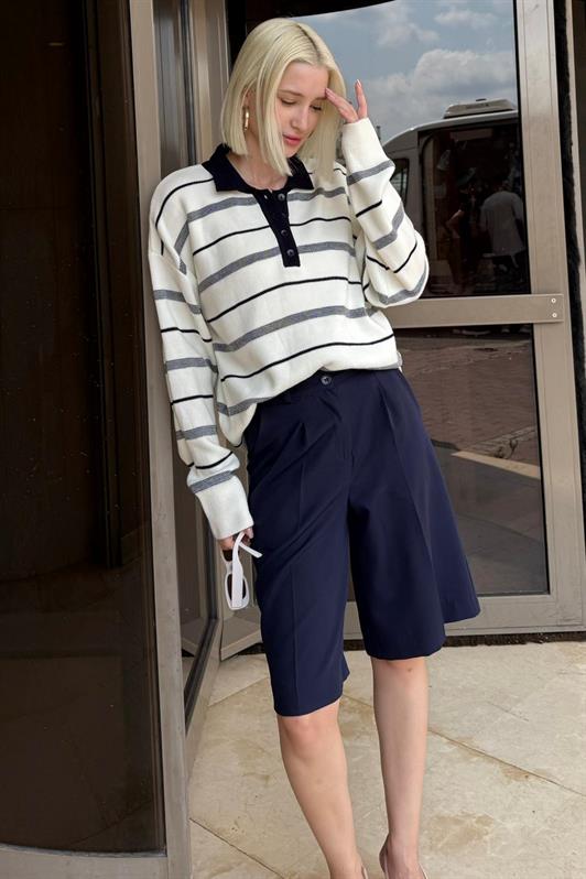 MDX Kemik Rengi Çizgili Polo Yaka Kadın Kazak Mg2476 - Atascocita