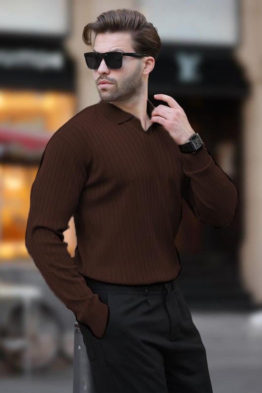 MDX Painful Brown Polo Neck Striped Long Sleeve Sweater 7239 - Düren