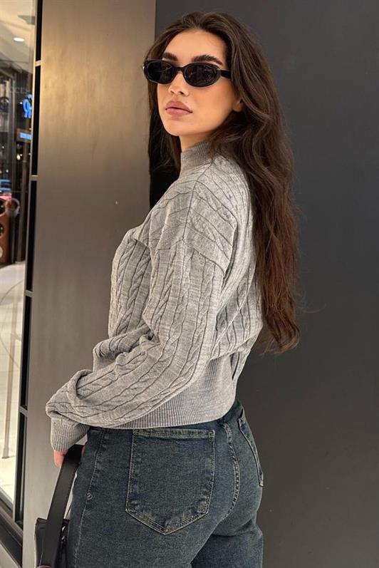 MDX Gray Half Fisherman Collar Braided Knit Women's Sweater MG2257 - Hayward