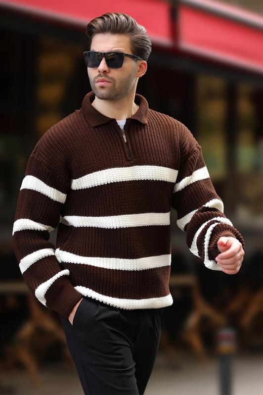 MDX Brown Zippered Polo Collar Striped Long Sleeve Sweater 7283 - Civitanova Marche