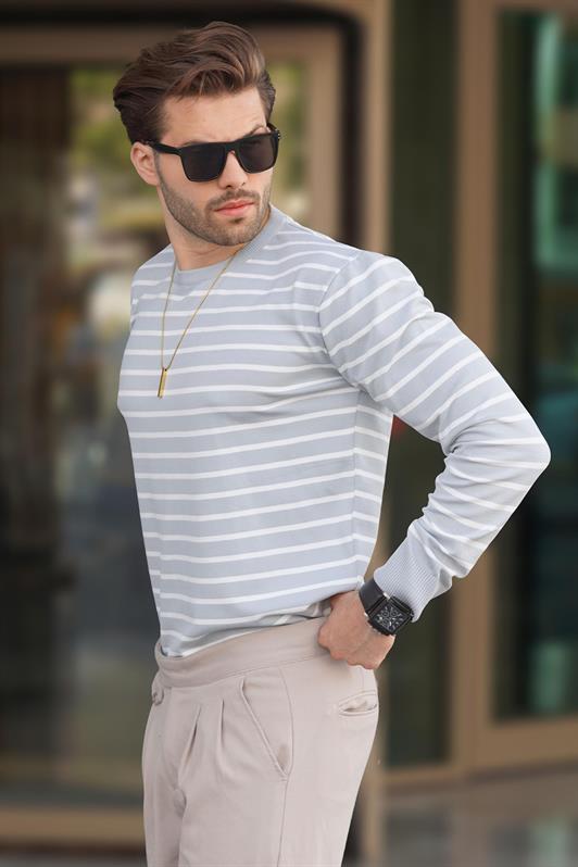 MDX Open Grey Striped Sweater with Bicycle Neckline 7241 - Pinner