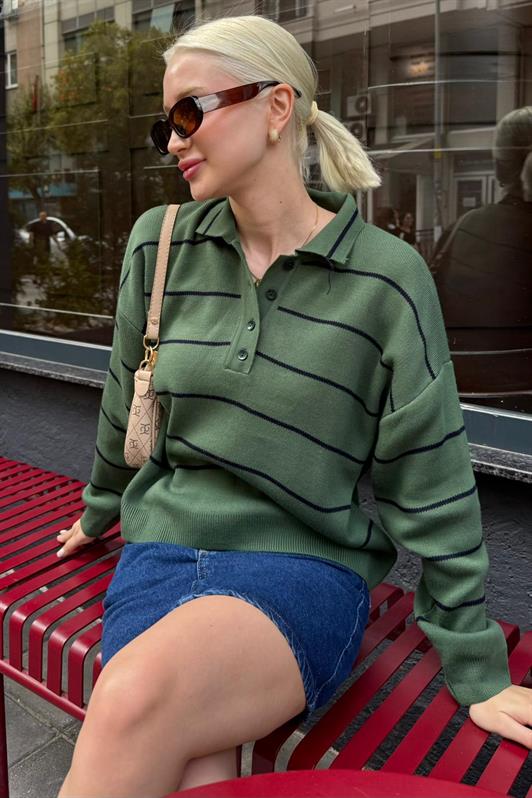 MDX Melanj Yeşili Çizgili Polo Yaka Kadın Triko Kazak MG2470 - Paraíso