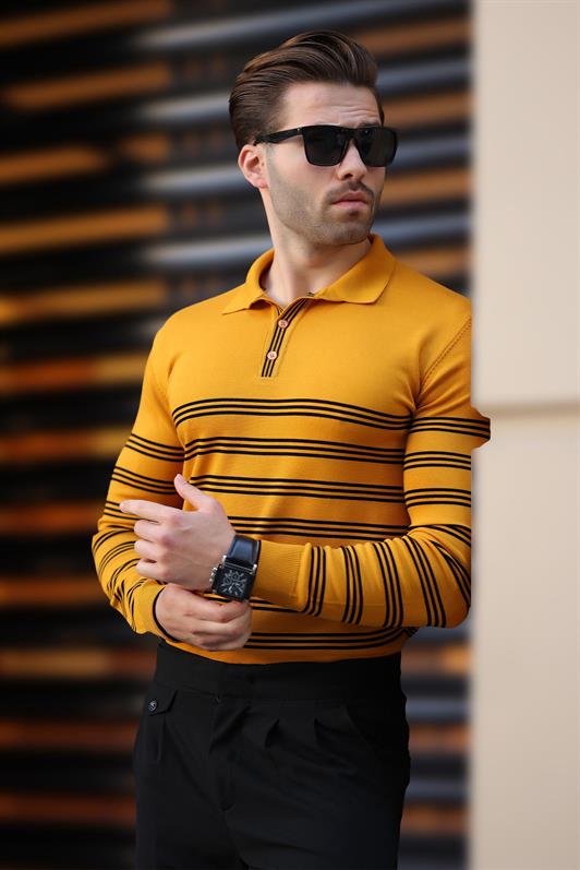 MDX Mustard Buttoned Polo Neck Striped Long Sleeve Sweater 7270 - Kryvyi Rih