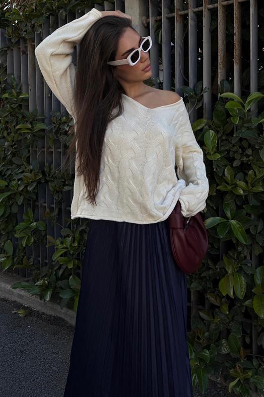 MDX Ekru V Yaka Örgü Desen Oversize Kadın Kazak Mg2519 - Country Club