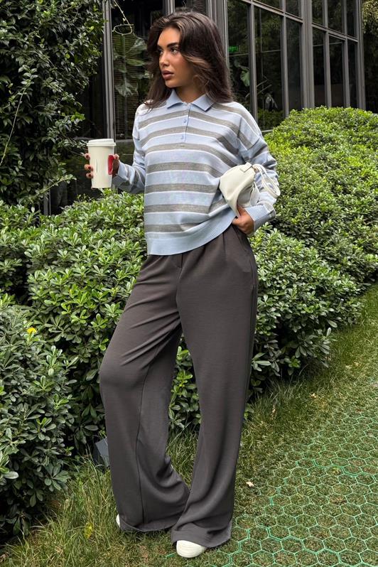 MDX Mavi Çizgili Polo Yaka Düğmeli Kadın Kazak MG2561 - Azuqueca de Henares