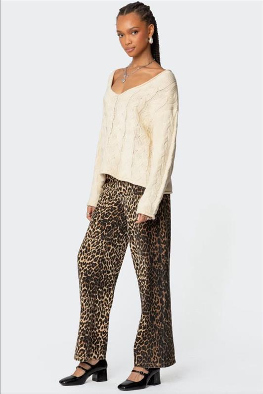 MDX Ecru V-Neck Knitted Pattern Oversized Women's Sweater Mg2519 - Rahovec